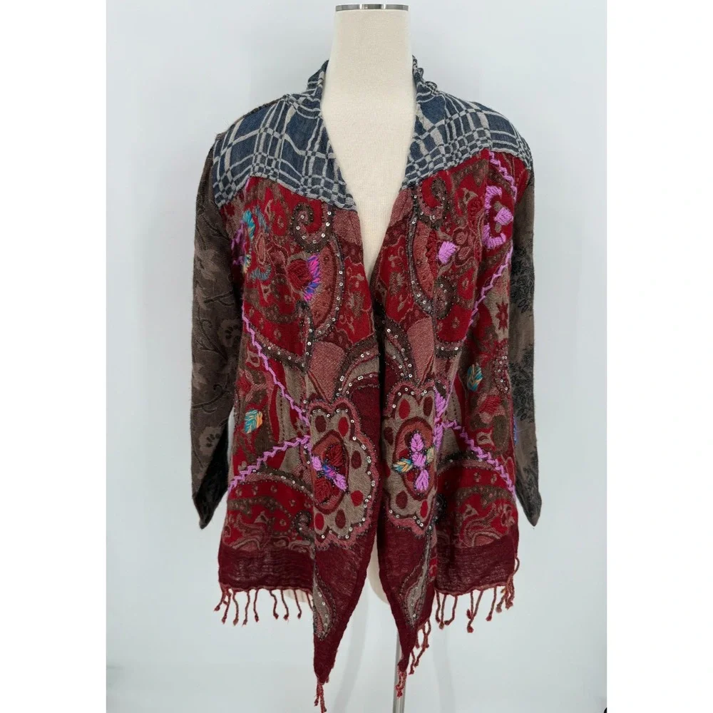 Soft Surroundings Womens 100% Wool Embroidered Cardigan Size Small Boho Artsy - Picture 1 of 13